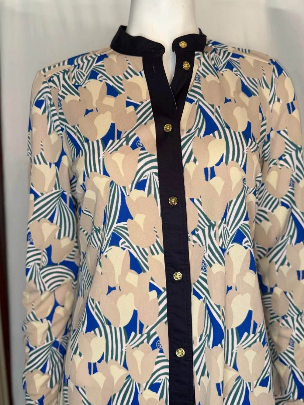 Tory Burch Navy-Trim Floral Button Shirt with Gold Buttons